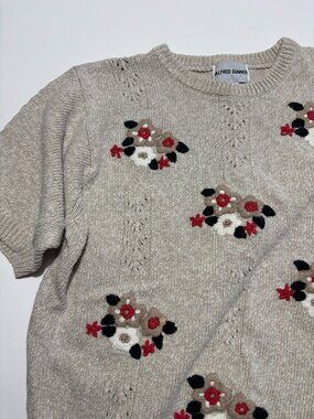 ALFRED DUNNER EMBROIDERED FLOWER SHORT SLEEVE RAMIE & COTTON KNIT SWEATER